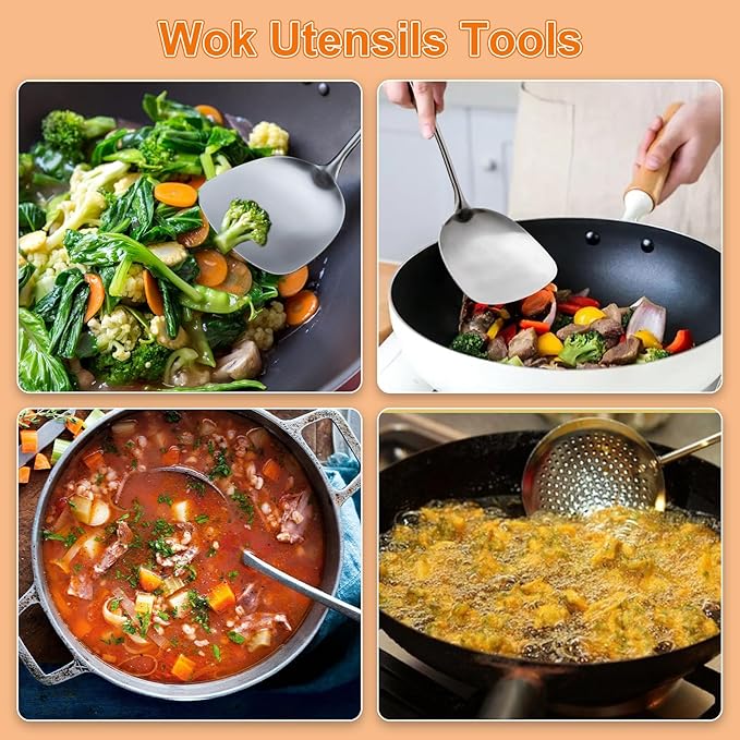 FJNATINH 4-Pieces 304 Stainless Steel Wok Spatula Set,Cooking Utensil Set,Soup Ladle Colander,Nonstick Kitchen Cooking Utensils Set with Spatula,Kitchenware Tools