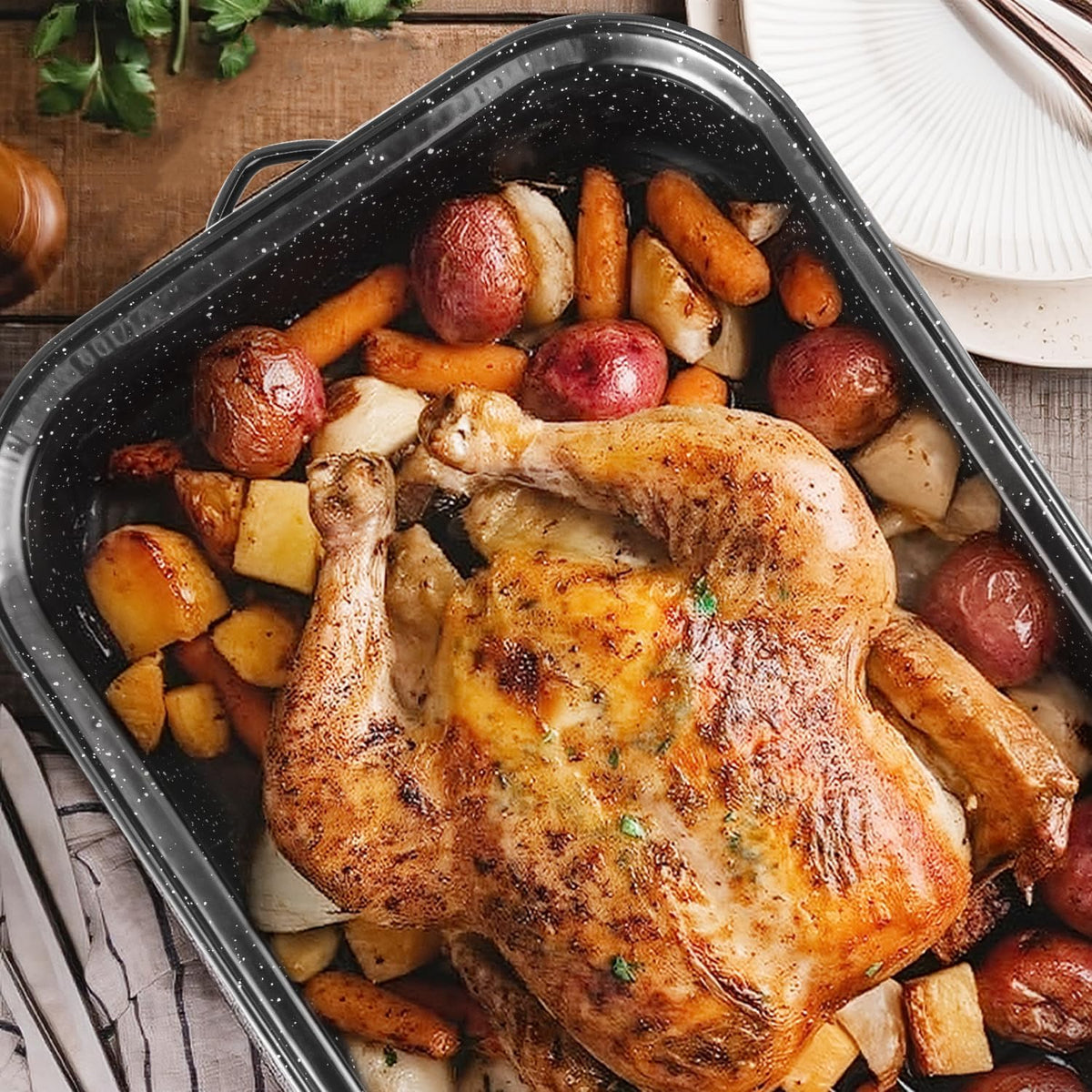 JY COOKMENT Roasting Pan With Lid and Rack, 21' Rectangular, 25lb Turkey Roaster Pot, Large Oven Roaster Tray, V-Rack and Versatile Lid Bone Turkey Baster