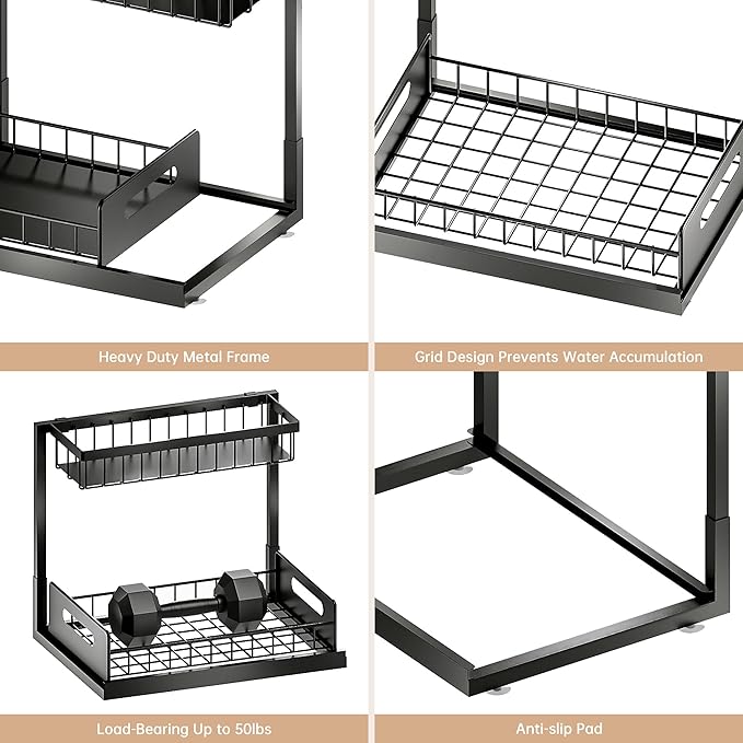VUSIGN Under Kitchen Sink Organizer 2 Tier, Pull Out Under Sink Organizers and Storage, Bathroom Cabinet Kitchen Organization Storage Shelf, 1 Pack Black