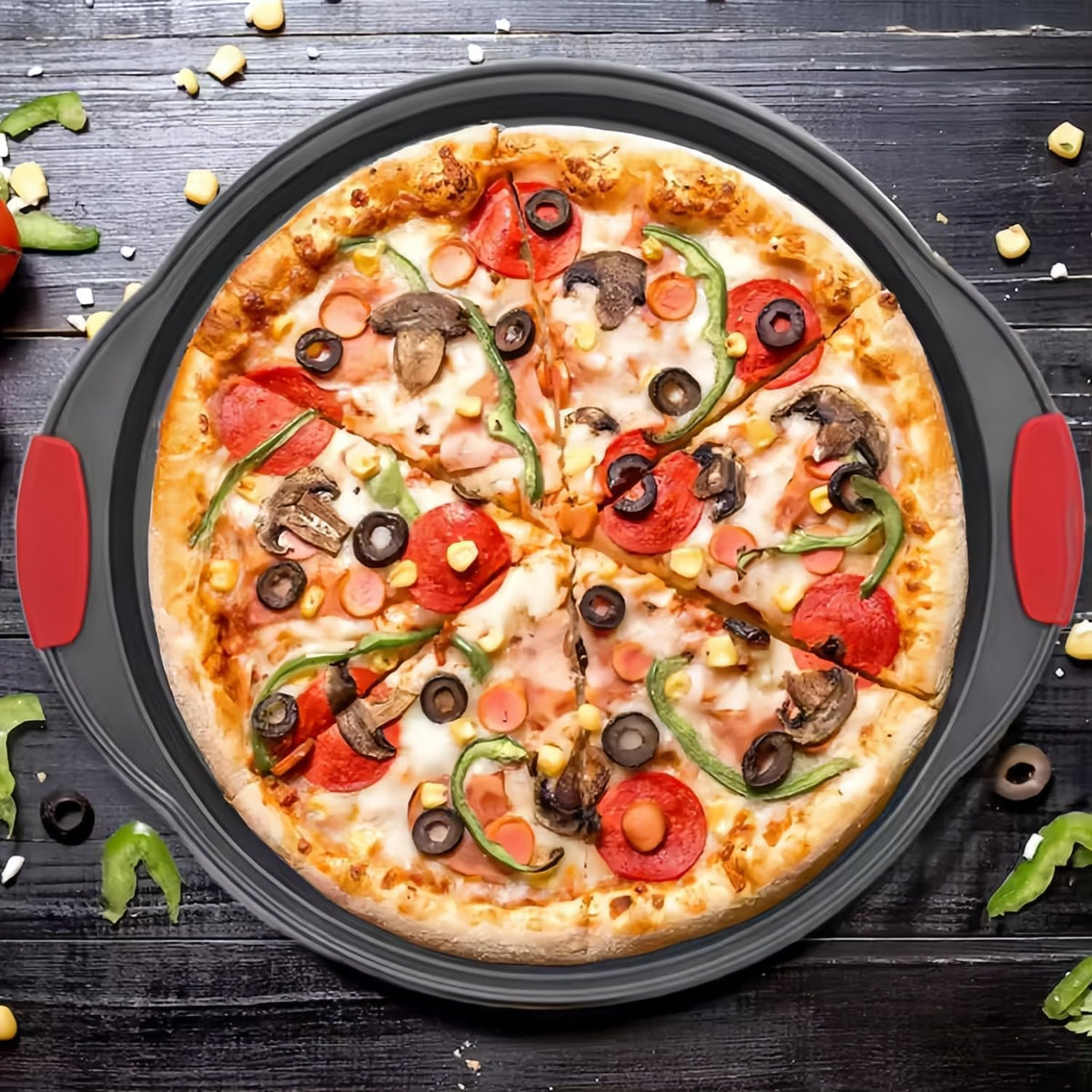 13 Inch Pizza Pan for Oven, Round Pizza Pan with Holes - Non-Stick Carbon Steel Pizza Tray with Silicone Handles - for Cooking, Baking, and Grilling - Dishwasher Safe