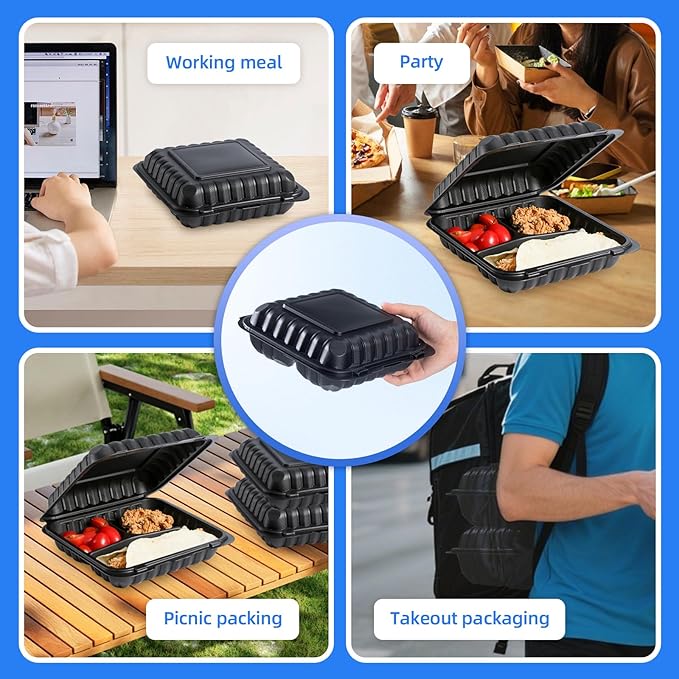 YANGRUI Disposable Containers 7.8" 30 oz 65 Pack - Shrink Wrap BPA Free Mineral Filled PP Plastic Food Container | 3 Compartment Freezer & Microwave Safe | Black Heavy Duty Clamshell Takeout Boxes