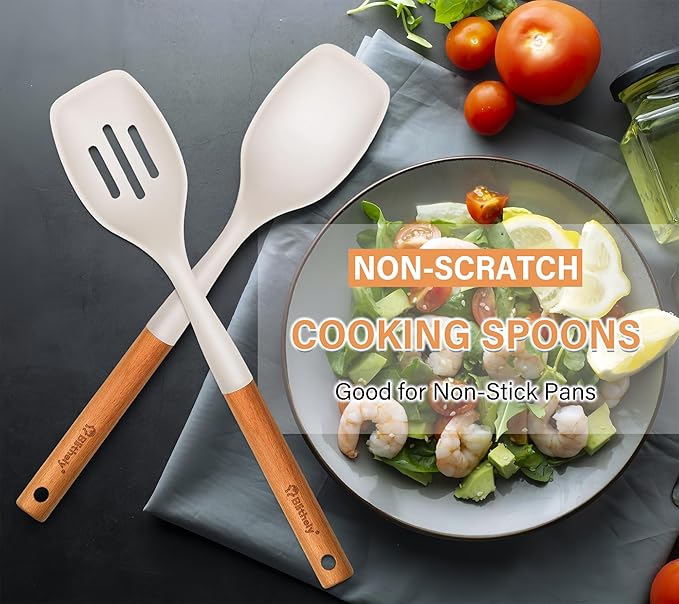 Large Silicone Cooking Spoon Set, 2 Pack Solid Slotted Spoon with Wooden Handle, Nonstick Silicone Kitchen Spoons for Cooking, Heat Resistan Spatula Set for Serving, Basting, Mixing (White)