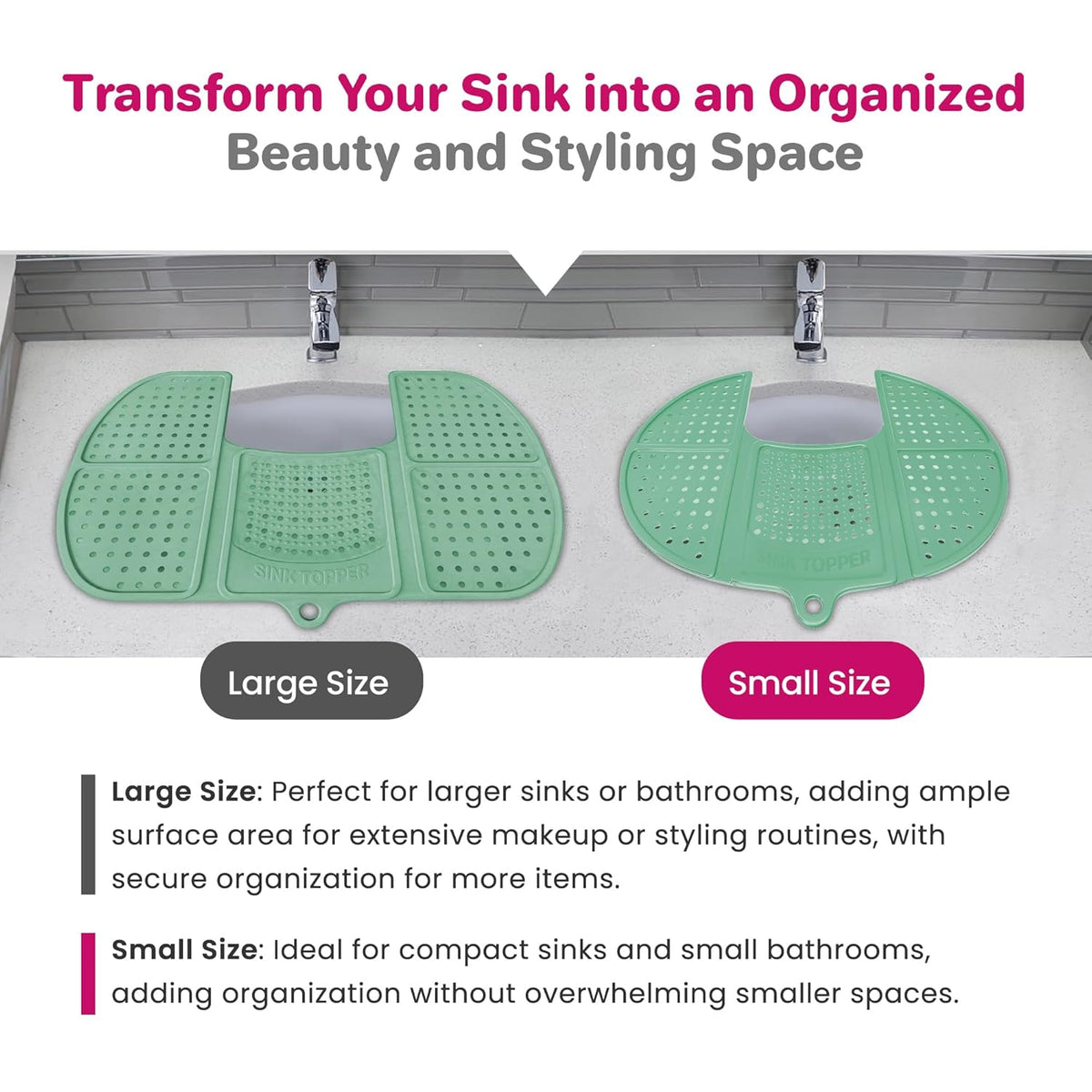 Sink Topper Bathroom Counter Cover & Storage Saver, Foldable Silicone Mat for Hot Tools, Hair Styling & Makeup, Beauty Brush Cleaning Mat, RV Camper Sink Cover & for Small Spaces (Standard Green)