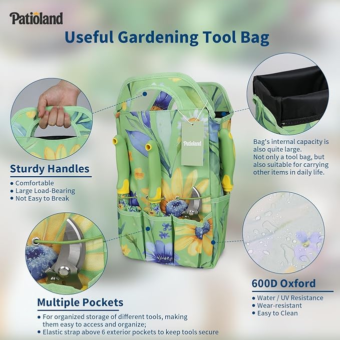 10-Piece Garden Tool Set – Green Floral Gardening Hand Tools with Non-Slip Handles, Heavy Duty Rust-Proof Aluminum Tools, Organizer Tote Bag, Ideal Gardening Gifts for Women & Grandma