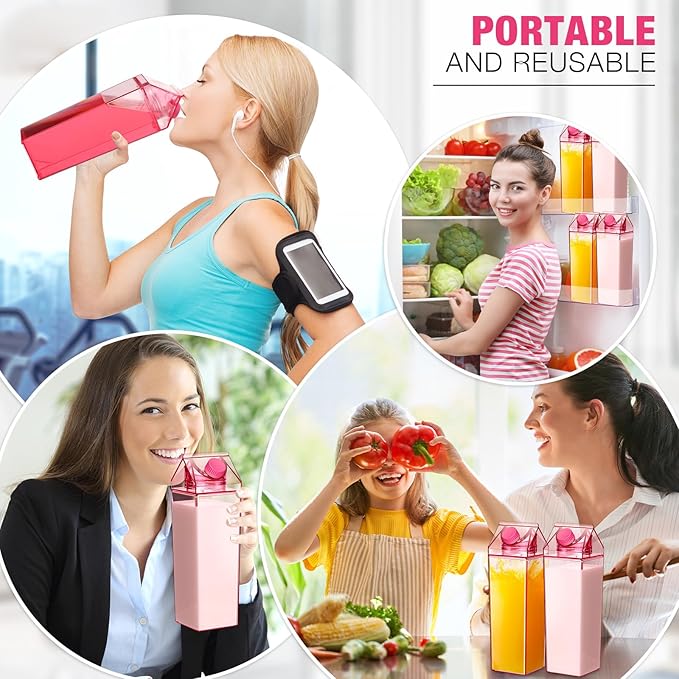 Remerry 3 Pcs Milk Carton Water Bottle Square Plastic Coffee Portable Reusable Milk Carton Cup Leakproof Juice Bottle