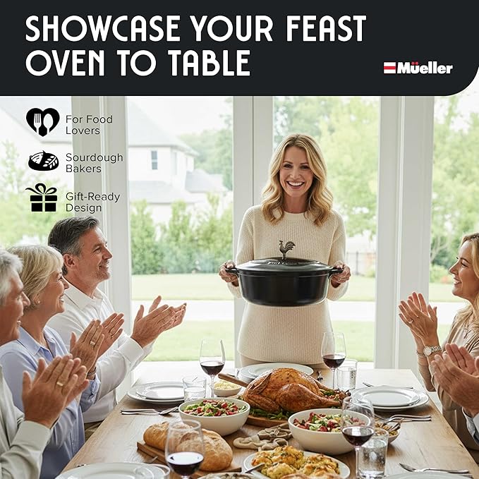 MUELLER HOME 5.5 Quart Enameled Cast Iron Oval Dutch Oven with Rooster Knob & Cotton Potholders, Heavy-Duty Cookware, Oven-Safe up to 500° F & Across All Cooktops, Gifts for Grandma & Women, Black