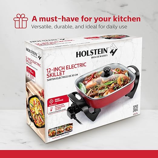 Holstein Housewares 12-Inch Electric Skillet - 1400W Electric Pan with Adjustable Temperature Control, PFOA-Free Non-Stick Coating, Cool-Touch Handles, Multi-Function Cooker, Red