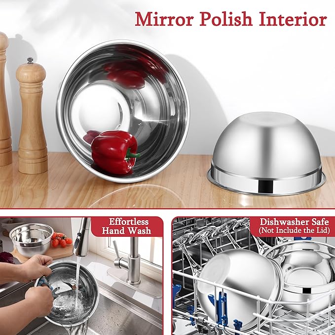 LIANYU Stainless Steel Mixing Bowls with Leak-Proof Lids, 3 Pieces Stainless Steel Deep Nesting Mixing Bowls for Kitchen Cooking, Storage, Baking, 1.5QT & 3QT & 4.6QT, Red