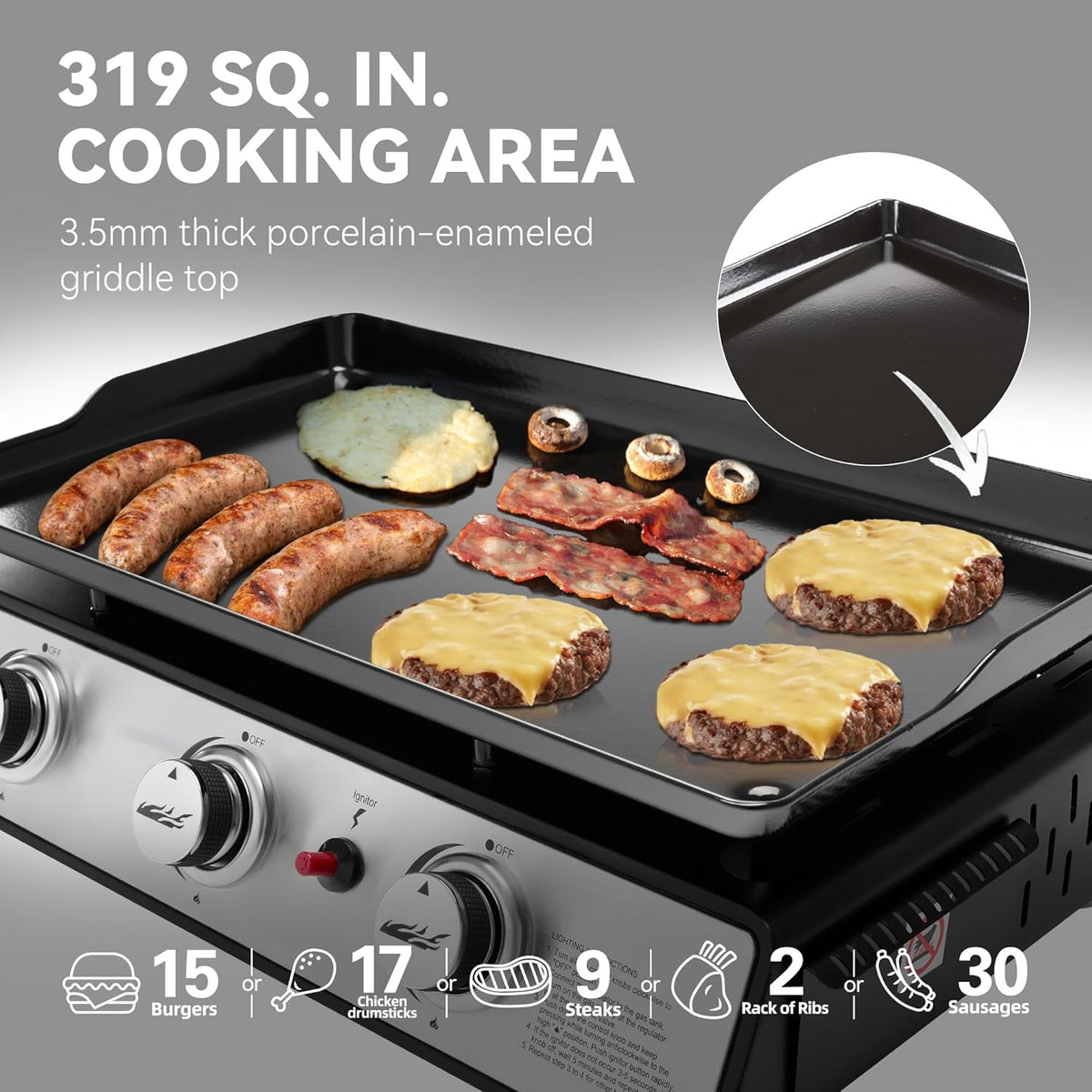 Royal Gourmet PD1301S Portable 24-Inch 3-Burner Table Top Gas Grill Griddle with Cover, 25,500 BTUs, Outdoor Cooking Camping or Tailgating, Black