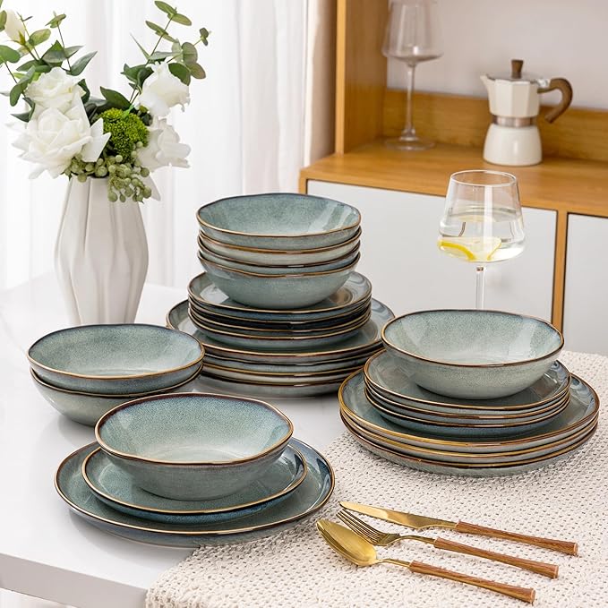 AmorArc Ceramic Dinnerware Sets,Handmade Reactive Glaze Stoneware Plates and Bowls Set,Highly Chip and Crack Resistant | Dishwasher & Microwave Safe,Service for 8 Dishes Set (24pc)