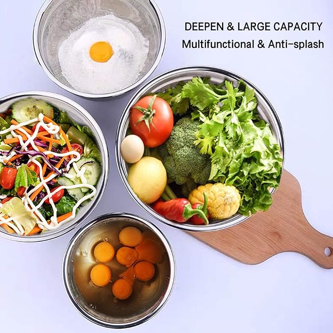 Umite Chef Mixing Bowls with Airtight Lids,6 piece Stainless Steel Metal Nesting Storage Bowls, Non-Slip Bottoms Size 7, 3.5, 2.5, 2.0,1.5, 1QT, Great for Mixing & Serving(Black)