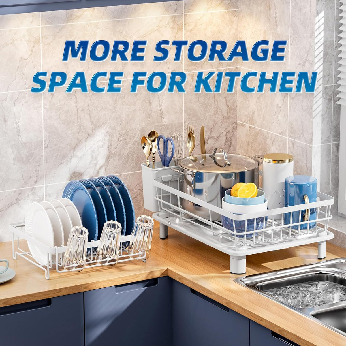2 Tiers Dish Drying Rack, Space-Saving Dish Racks for Kitchen Counter, Dish Drainer Drying Rack with Drainboard, Utensil Holder Cups Holder and Adjustable Swivel Spout, White