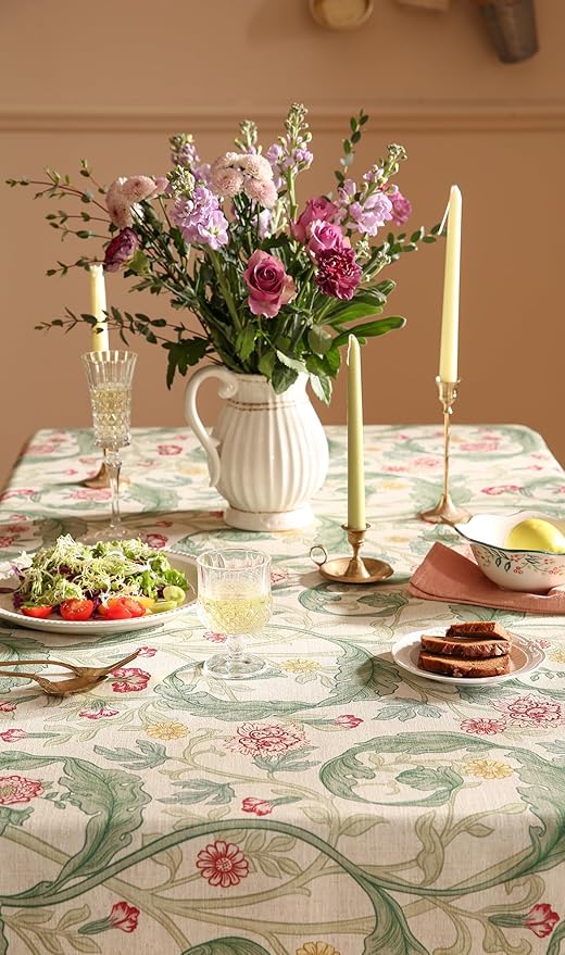 patdrea Designer Vintage Linen Long Rectangle Tablecloth,Green French Leaves Pattern Floral Table Cloth,Fall Decoration Cover for Kitchen Dining Christmas,Thanksgiving,63"x102"-Cecilia a