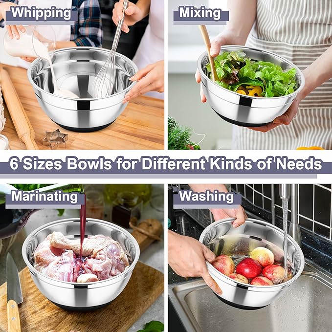 TeamFar Mixing Bowls, 6 PCS Stainless Steel Nesting Salad Bowl with Lids & 3 Graters, For Kitchen Cooking Serving Prepping, Airtight & Non-Slip, Size 4.6/3.5/2/1.5/1/0.7 QT, Black
