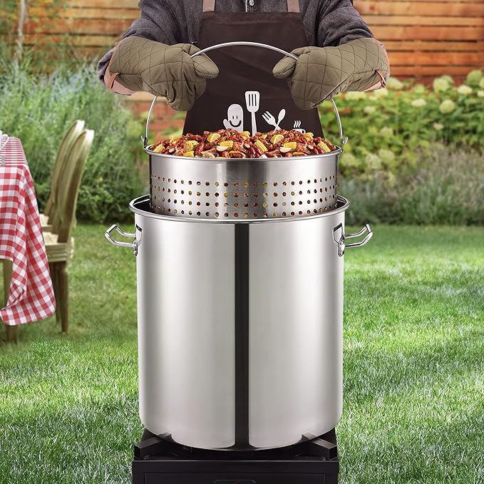 ARC 64-Quart Stainless Steel Seafood Boil Pot with Basket and Two Brown Paper, Crawfish, Crab, Lobster, Shrimp Boil Stock Pot with Strainer, Turkey Fryer, 16 Gallon