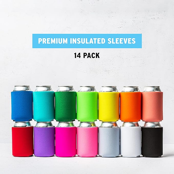 Blank Beer Can Coolers Sleeves (14-Pack) Soft Insulated Beer Can Cooler Sleeves - HTV Friendly Plain Can Sleeves for Soda, Beer & Water Bottles - Blanks for Vinyl Projects Wedding Favors & Gifts