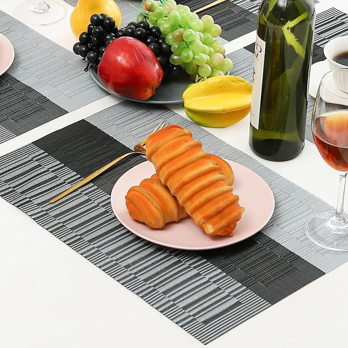 Leetaltree Grey with White Striped Placemats Set of 8 - Heat Resistant Non-Slip Place mats for Dining Table, Washable Durable PVC Vinyl Woven Table Mats(Grey Stripe, 8)