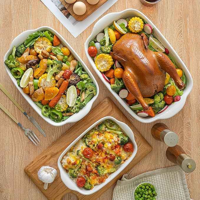 3-Pack Ceramic Baking Dishes Set,Heavy-Duty Oven-Safe Stoneware,Deep Rectangular Casserole Pans for Lasagna & Baking,High Heat Resistant,Handcrafted Glazed Finish (13.8''/12''/9.6'' Pure Off-White)