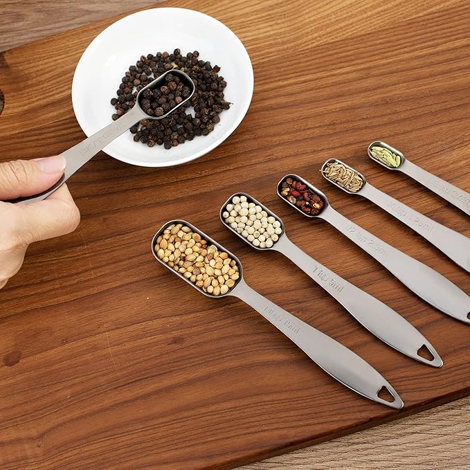 Accurate 18/8 Stainless Steel Measuring Spoons, Heavy Duty Good Handle Set of 6 Measuring Spoon with Ring Connector, Dark Grey