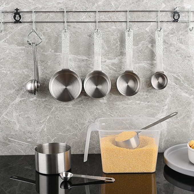 Measuring Spoons Set, 18/8 Stainless Steel Measuring Spoons Set for Dry & Liquid, Metric & US 6 Measuring Spoons with 1 Leveler & 1 Locking Ring for Baking & Kitchen