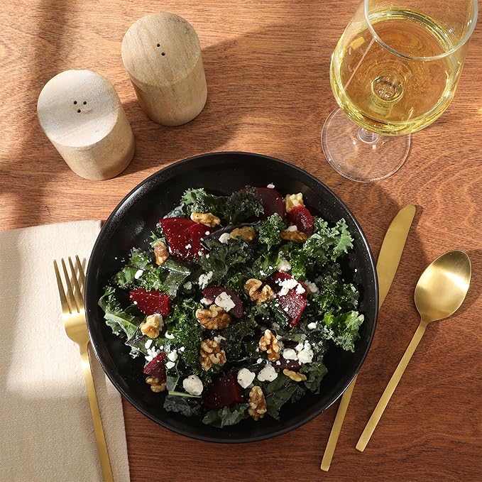 Gibson Elite Beckett 4-Piece 9 Inch Dinner Plate Bowl Set – Reactive Glaze Stoneware – Shallow Serving Pasta Bowls (Blate) – Round Wide-Rim Design – Microwave & Dishwasher Safe - Black