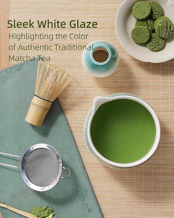 ZENS Matcha Whisk Set, 6Pcs Matcha Set Includes Ceramic Bowl, Bamboo Whisk and Chasen Holder,Scoop, 304 Stainless Sifter & Tea Mat, Matcha Kit for Tea Ceremony, Blue