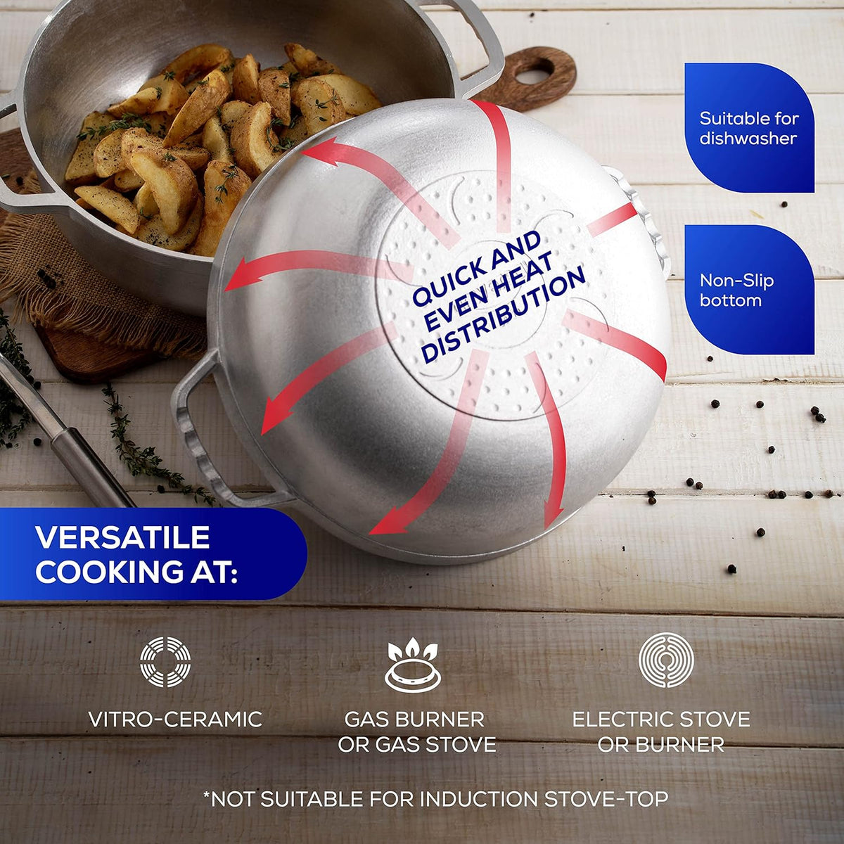 Universal (Extra Small) Caldero 6 Cups - 1.8 QT / 1.7 L, Stainless Aluminum Pot, Even Heat Distribution and Fast Cooking Dutch Oven Pot, Ergonomic Handles, Ideal for Rice, French Fries, and More