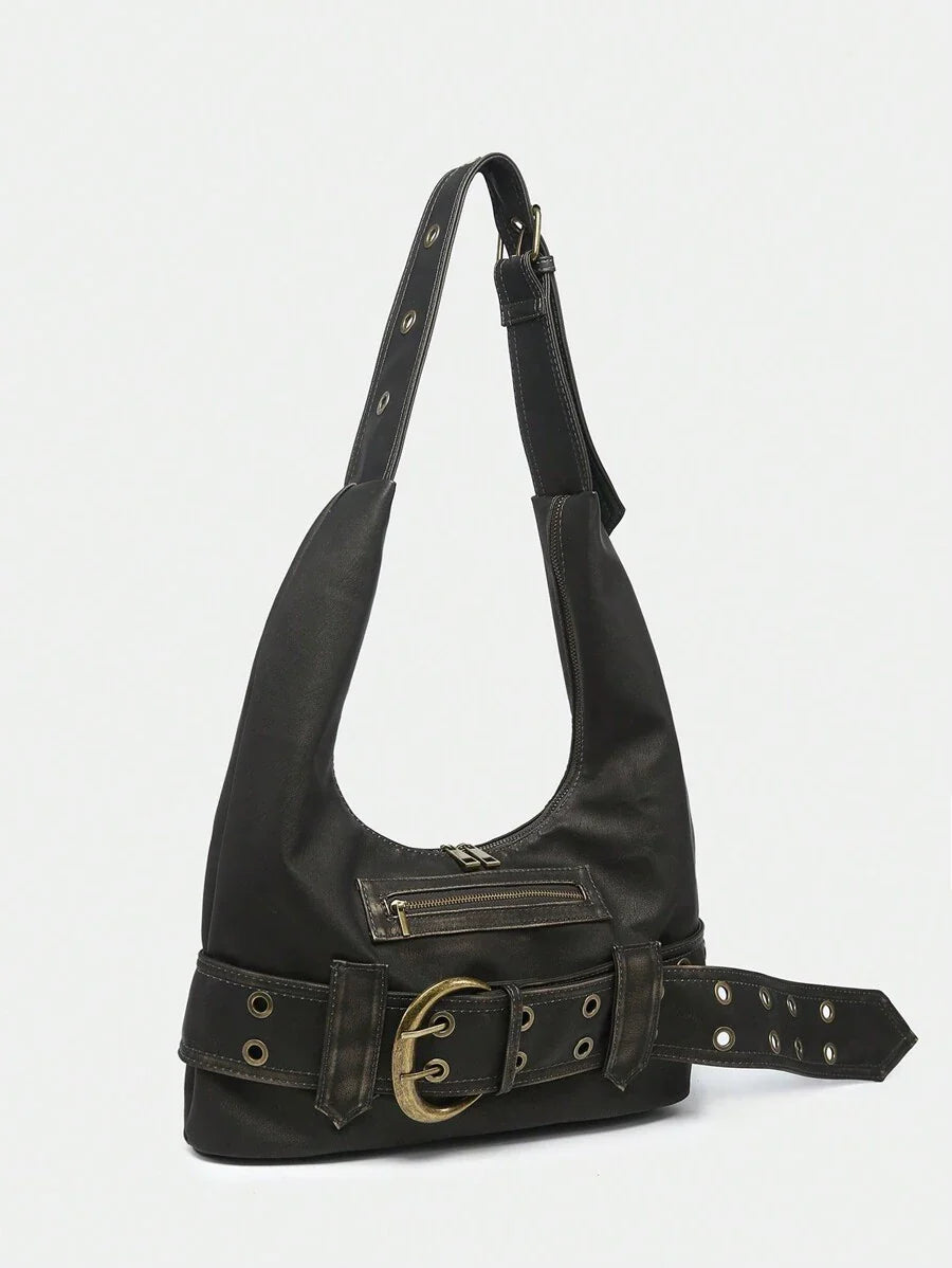 Multi-Strap Metal Decor Casual Distressed Faux Leather Shoulder Underarm Bag
