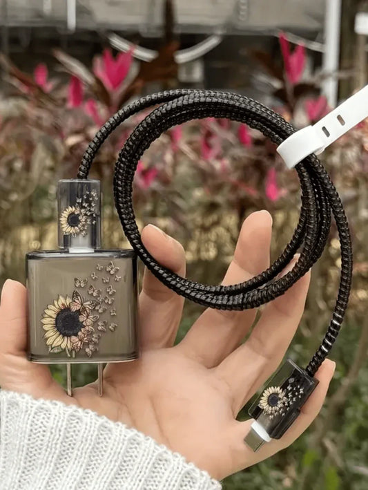 5pcs/Set Printed Butterfly & Sunflower Design TPU Charging Cable