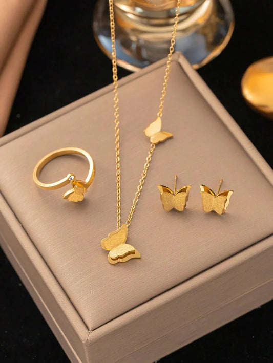 4pcs/Set Stainless Steel Butterfly Necklace, Earrings, Ring Set