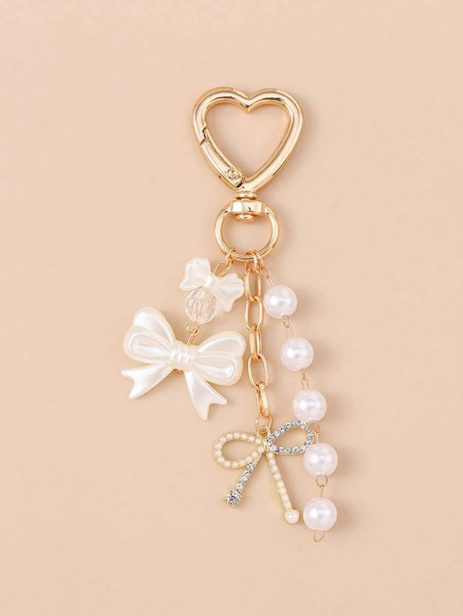 Unisex Faux Pearl Bow Keychain