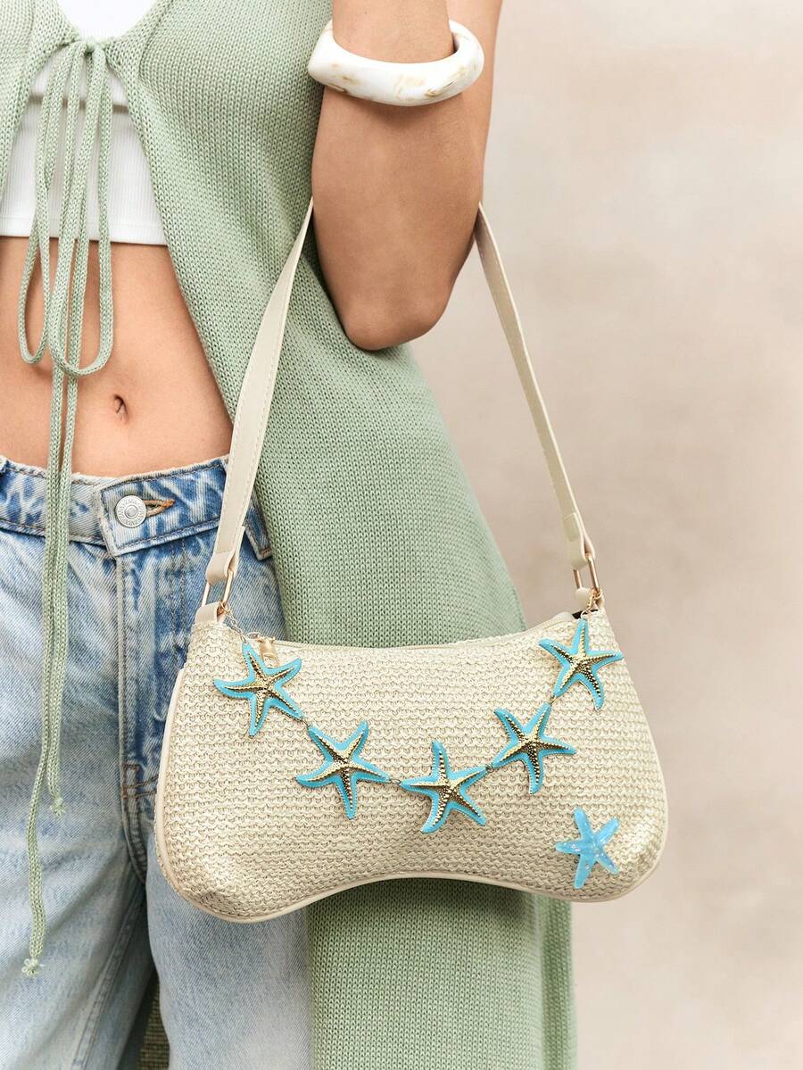 ROMWE Fairycore Summer Beach Starfish Series Woven Shoulder Bag
