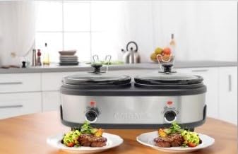Courant Double Slow Cooker 2.5 Quart Crock each, 5.0 Quart Total Pots, with Individual Easy Cooking Options, Dishwasher Safe Stainproof Stoneware Pots and Glass Lids, Stainless Steel