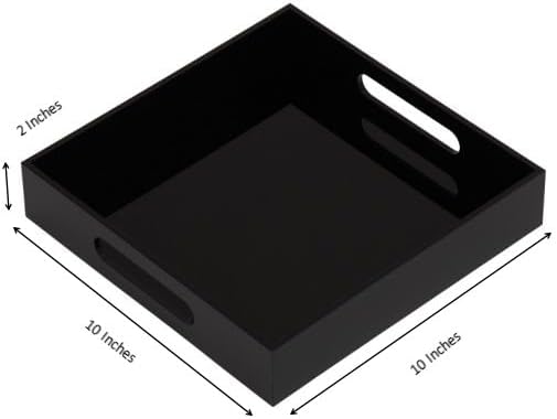Glossy Black Sturdy Acrylic Serving Tray with Handles-10x10Inch-Serving Coffee,Food,Breakfast,Butler-Kitchen Countertop Tray-Makeup Drawer Organizer-Vanity Table,Ottoman Tray-Decorative Tray