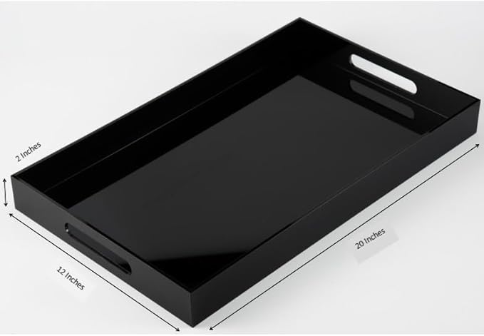 Glossy Black Sturdy Acrylic Serving Tray with Handles-12x20Inch-Serving Coffee,Appetizer,Breakfast,Butler-Kitchen Countertop Makeup Drawer Organizer-Vanity Table Ottoman Decorative Tray