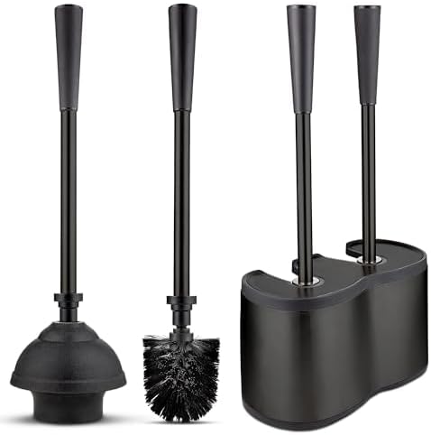 UMIEN 2 Pack Toilet Brush and Plunger Set 18-in - Updated 2025 No-Rust - Stainless Steel Design - Long Handles - with Freestanding Canister (Matte Black)