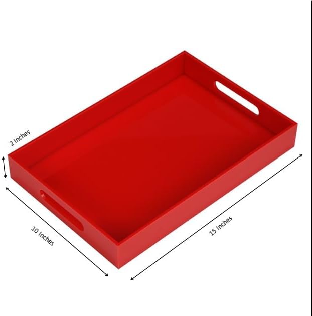 Sturdy Red Acrylic Serving Tray with Handles - 10x15Inch, Coffee, Appetizer, Breakfast, Butler Tray - Kitchen Countertop & Vanity Table Organizer