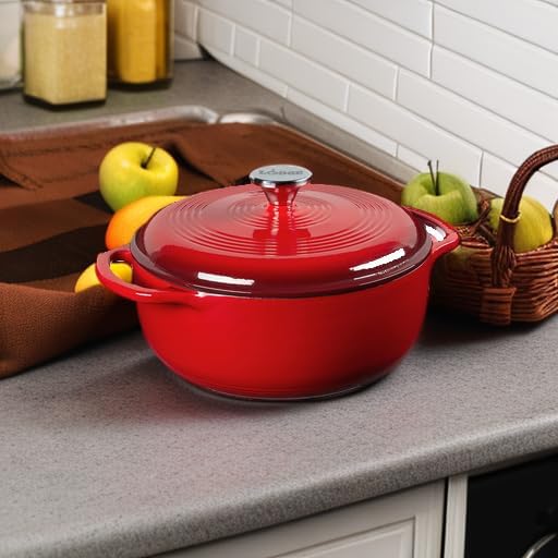 Lodge 4.5 Quart Enameled Cast Iron Dutch Oven with Lid – Dual Handles – Oven Safe up to 500° F or on Stovetop - Use to Marinate, Cook, Bake, Refrigerate and Serve – Island Spice Red
