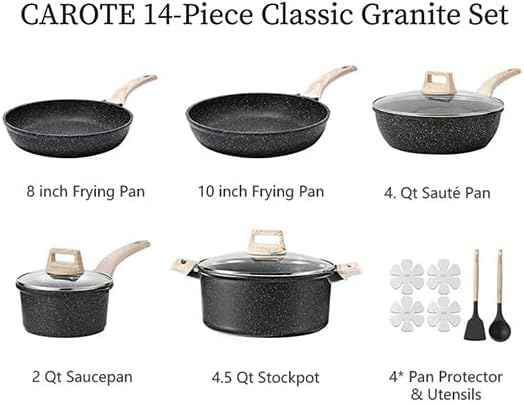 CAROTE 14Pcs Pots and Pans Set Non Stick, Cookware Sets Induction Cookware Granite Cooking Set with Frying Pans, Saucepans, Saute Pan, Extra Large Casserole