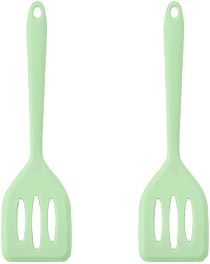 2Pack Small Silicone Turner High Heat Resistant Slotted Spatula for Fish, Eggs, Pancakes and More (12 IN, Light green)