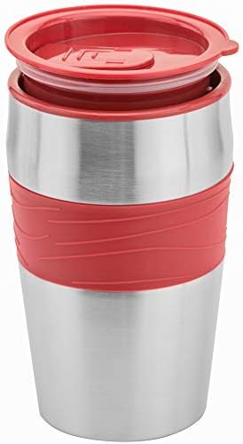 Mixpresso Red Personal Single Serve Coffee Maker with 14oz Travel Mug, Drip Small Coffee Maker with Auto Shut Off, Reusable Filter, Works with Ground Coffee Only – Not for K-Cup Pods