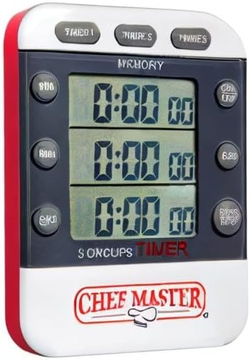 3-Channel Digital Timer by Chef Master, Triple Channel Count Up/Down Kitchen Digital Timer for Cooking, Roasting, Grilling, Marinade, Boiling, Baking, Pocket Clip, Stand & Magnet for Hands Free -90271