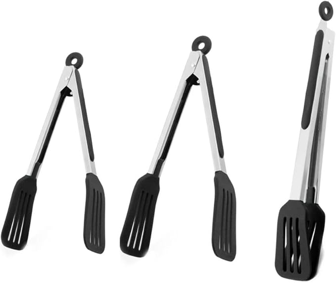 3-Piece Stainless Steel & Silicone Cooking Tongs Set - Black (7", "9", "12 inches) - Heat Resistant, Non-Stick, Locking Handle, Dishwasher Safe