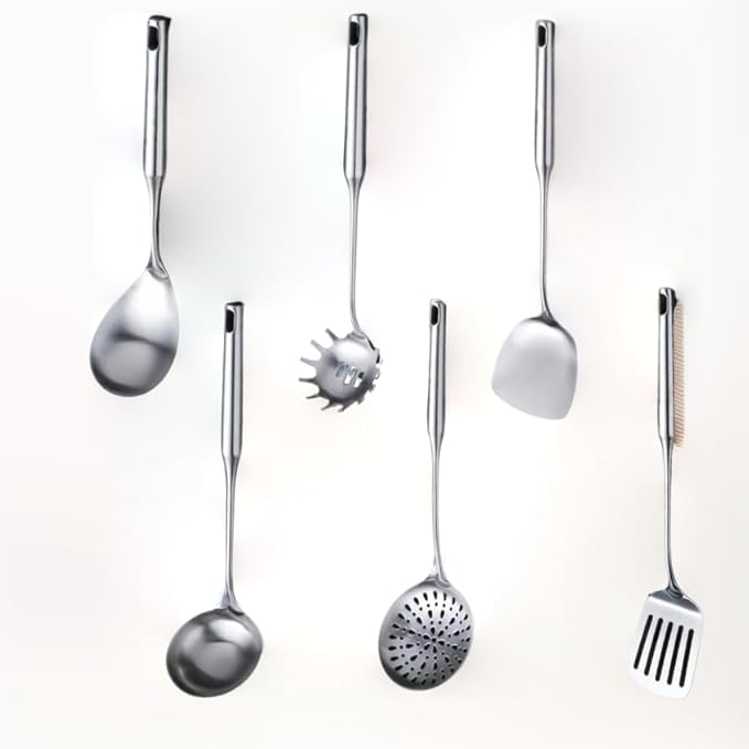 316 Stainless Steel Cooking Tool Set: saute pan spatula ladle, skimmer slotted, pasta, serving spoon, slotted spatula seasoner, dishwasher safe.
