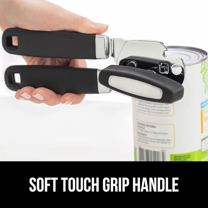 GORILLA GRIP Heavy Duty Stainless Steel Smooth Edge Manual Can Opener and Bottle Openers, Soft Comfortable Handle, Oversized Handheld Turn Knob, US Designed Multifunctional Kitchen Tool, Black