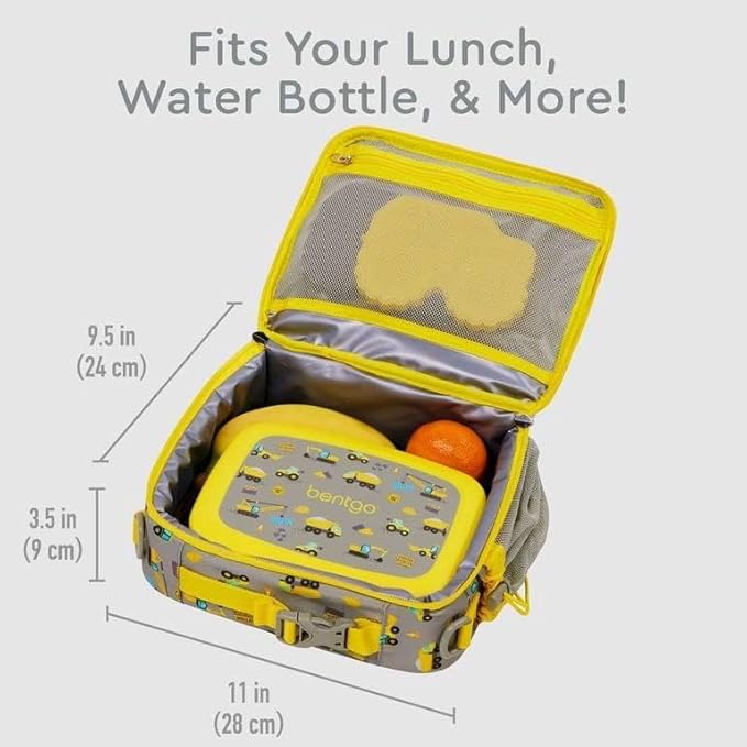 Bentgo Kids Lunch Bag - Durable, Double-Insulated Lunch Bag for Kids 3+; Holds Lunch Box, Water Bottle, & Snacks; Easy-Clean Water-Resistant Fabric & Multiple Zippered Pockets (Construction Trucks)
