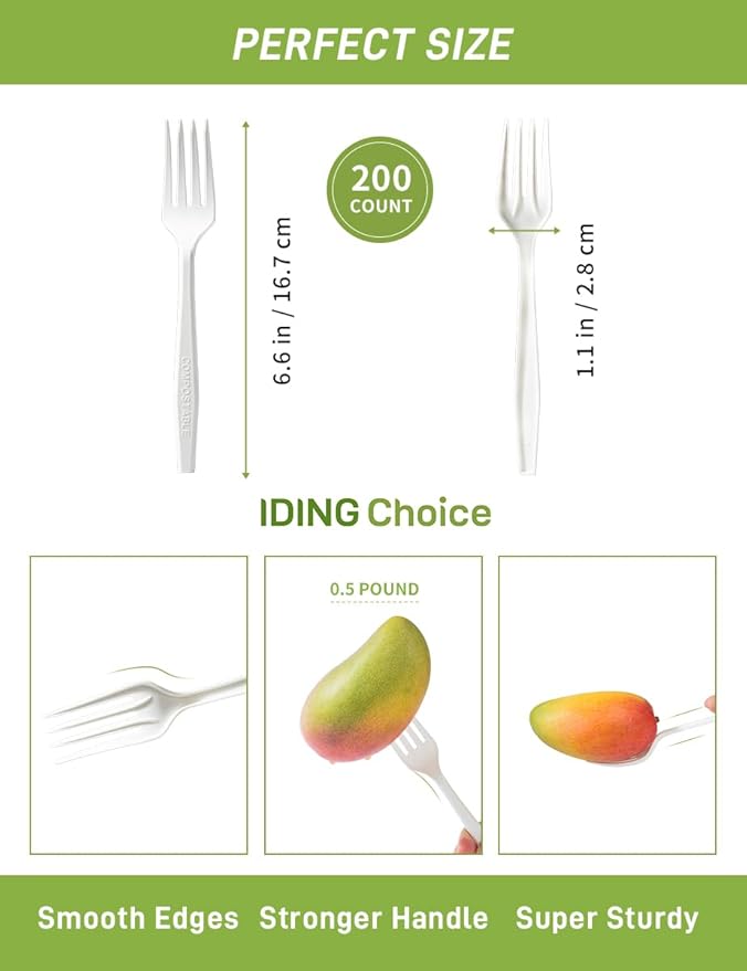 Compostable Forks No Plastic Silverware 200 count disposable cutlery flatware heavy duty party utensils Eco Friendly Heavyweight White Fork for Wedding Office BBQ Picnic Outdoor Event