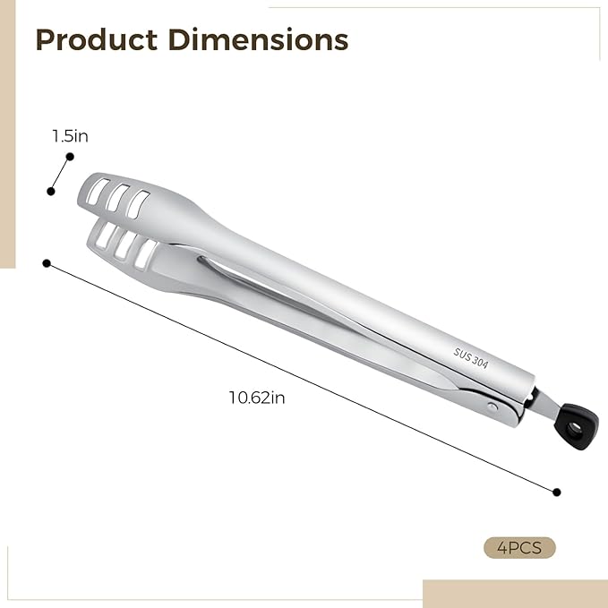 4 Pcs Stainless Steel Tongs for Cooking, Kitchen Food Serving, Buffet Party, 10.6 in/27 cm Locking Utensils with Hollow Head, Food-safe Material
