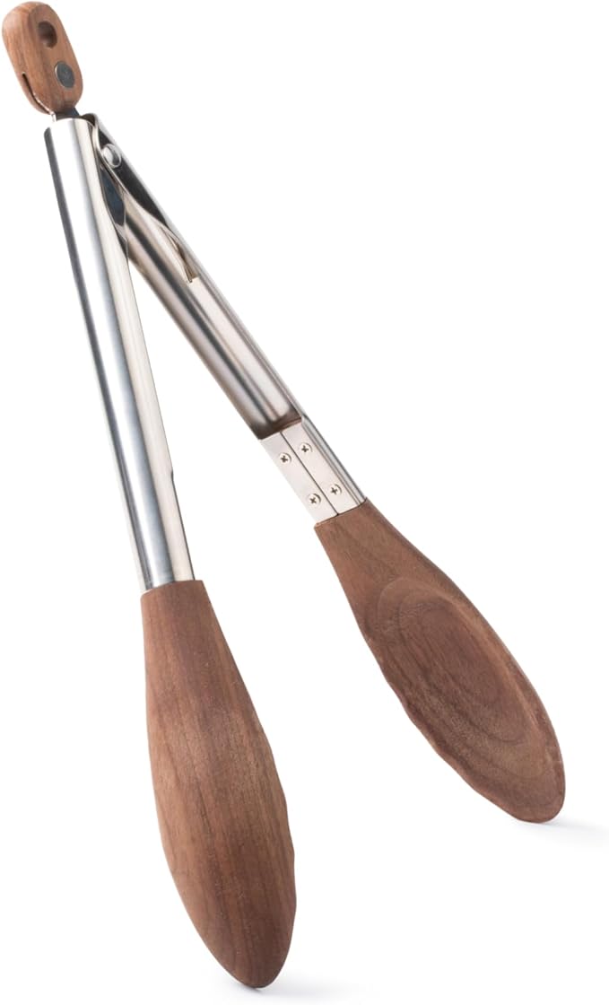 Salt & York Wooden Tongs Kitchen Long handle with non-Slip Grip for Cooking, Salad, Serving Food, Grilling - 11 Inch - Set of 1 (Walnut)