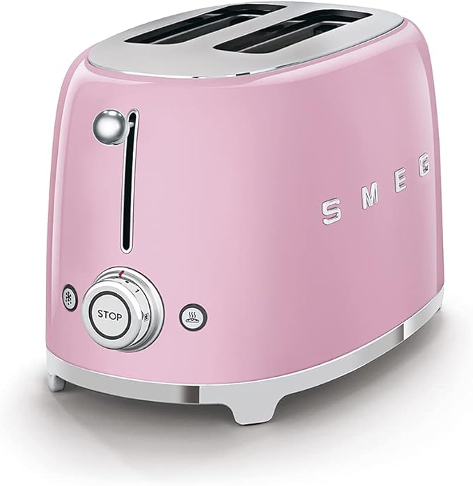 SMEG 2 Slice Toaster with 6 Presets and Defrost Function and Removable Crumb Tray TSF01PKUS, Pink